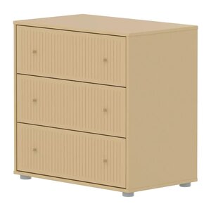 Flexa SAGA Commode 3 tiroirs a facades rainurees Beige sable Oat Boutons metalliques Oat