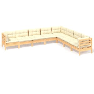 Salon de jardin meuble d'extérieur ensemble de mobilier 8 pièces avec coussins crème bois de pin solide 02_0017570