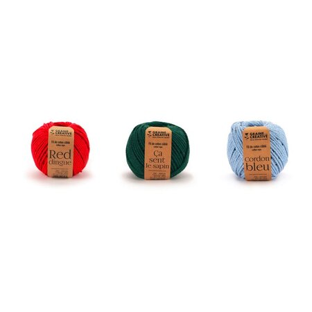 3 bobines de fil en coton pour macramé - vert-bleu-rouge