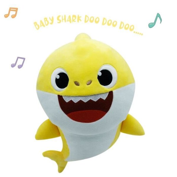 Baby Shark - Peluche sonore Baby Shark 30 cm - peluche musicale - bébé requin - jaune