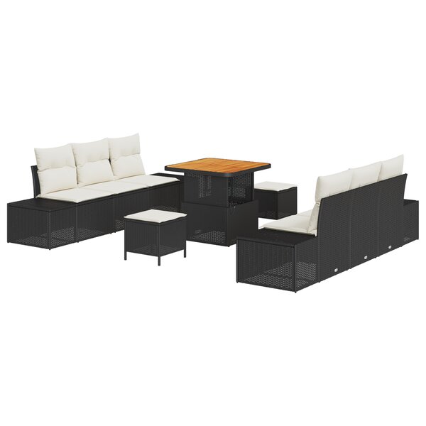 Set de canapé de jardin 9 pièces avec coussins Noir Poly Rattan Acacia