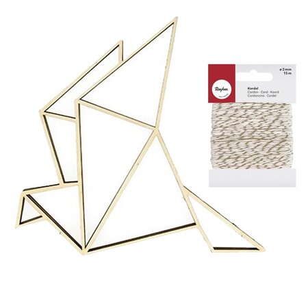 Silhouette bois Cocotte origami + Ficelle dorée & blanche 15 m