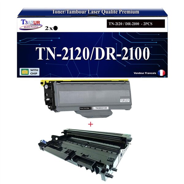 Kit Tambour+Toner compatibles avec Brother TN2120  DR2100 pour Brother HL-2140  HL-2150N  HL-2170W - 2 600 pages - T3AZUR