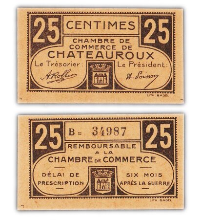 Billet de collection 25 centimes - france - chambre de commerce de châteauroux - billet de nécessité - neuf - en carton
