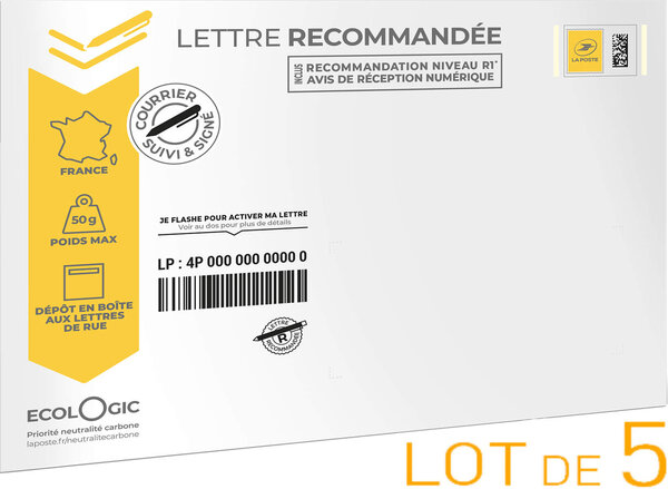 Prêt-à-Poster - Lettre Recommandée - 50g - Enveloppes en lot de 5 
