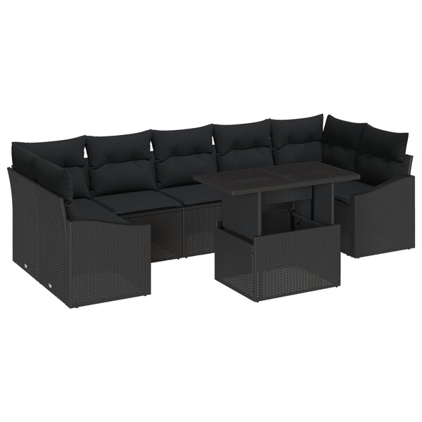 vidaXL Set de canapé de jardin 8 pièces avec coussins en poly rotin noir