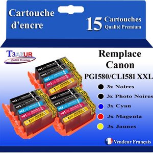 T3AZUR - 15x Cartouches compatibles avec Canon PGI-580 CLI-581 XXL pour Canon Pixma TS8100 TS8150 TS8151 TS8152 TS8200 TS8240 TS8241TS8250