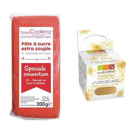 Pâte à sucre de couverture rouge 200 g + paillettes dorées