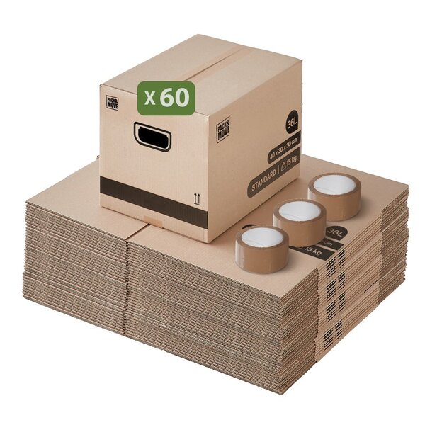 Pack and Move - Lot 60 cartons déménagement stockage livres - 40 x 30 x 30 cm - Poignées renforcées - 3 adhésifs offerts