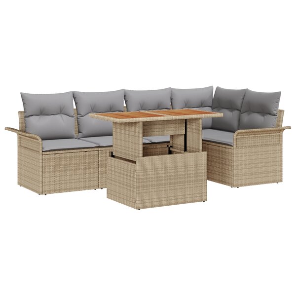 vidaXL Set de jardin 6 pièces avec coussins en rotin poly beige et acacia