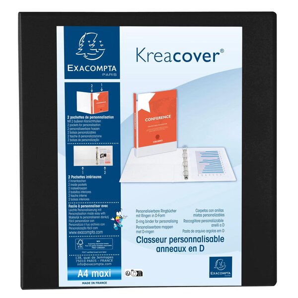 Classeur Pp Personnalisable Kreacover - 4 Anneaux En D 60mm - A4 Maxi - Noir - X 10 - Exacompta