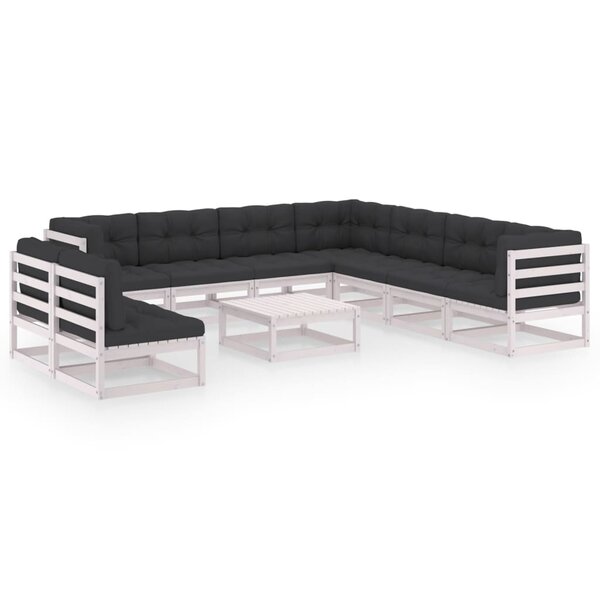 vidaXL Salon de jardin 10 Pièces avec coussins Blanc Bois de pin massif