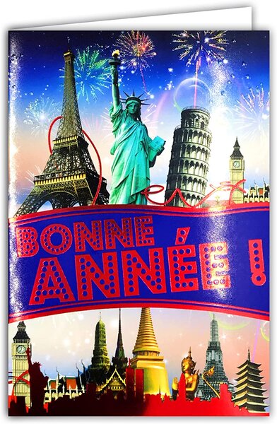 Carte bonne année meilleurs vœux feu d'artifice paillettes et enveloppe blanche