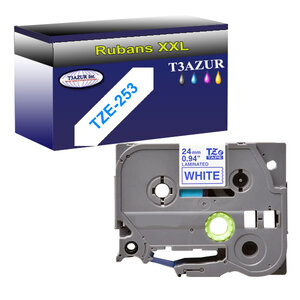 Ruban pour étiquettes laminées générique Brother Tze-253 pour étiqueteuses P-touch - Texte bleu sur fond blanc - Largeur 24 mm x 8 mètres - T3AZUR