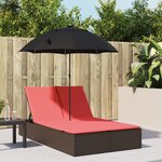 vidaXL Chaise longue double avec coussins et parasol marron poly rotin