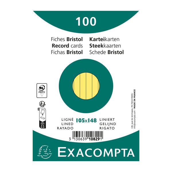 Paquet 100 Fiches Sous Film - Bristol Ligné Non Perforé 105x148mm - Jaune - X 20 - Exacompta