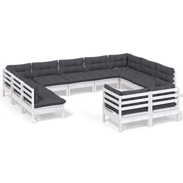 vidaXL Salon de jardin 11 Pièces avec coussins blanc bois de pin solide