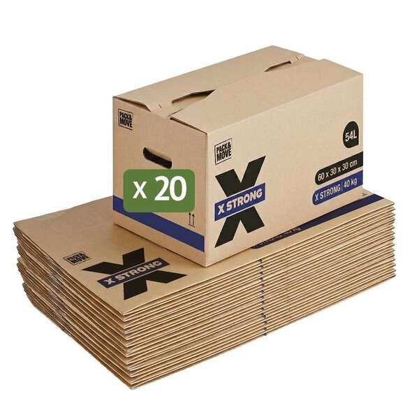Pack and Move - Lot de 20 Cartons Déménagement X Strong - 60 x 30 x 30 cm - Charge 40 kg - Extrême Résistance - Grande Capacité