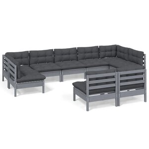 vidaXL Salon de jardin 9 Pièces avec coussins Gris Bois de pin massif