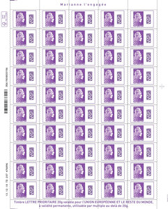 Feuille 50 timbres Marianne l'engagée - Lettre internationale - Violet