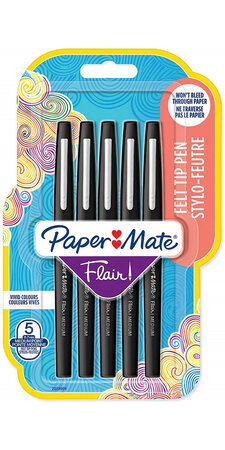Paper Mate Flair Original - 5 Feutres - Noir - pointe moyenne 0.7 mm  Sous blister