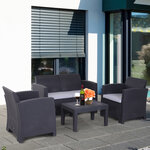 Salon de jardin 4 pers. 4 pièces style contemporain coussins grand confort inclus polyester gris clair résine tressée noir