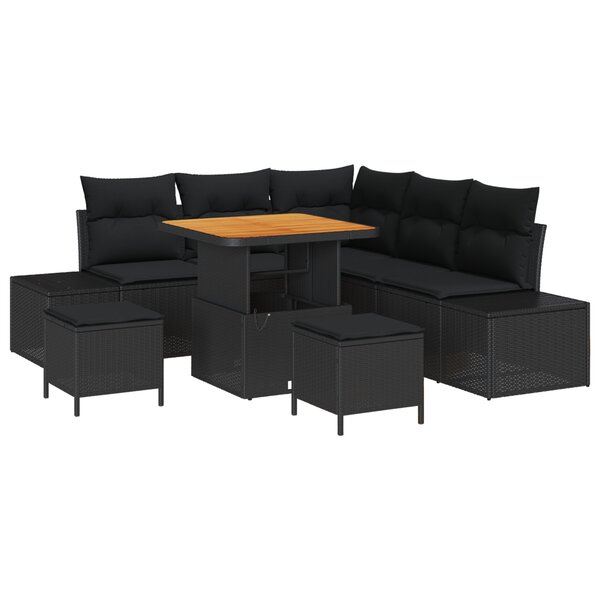 vidaXL Set de canapé de jardin 8 pièces avec coussins en polyrotin noir et acacia
