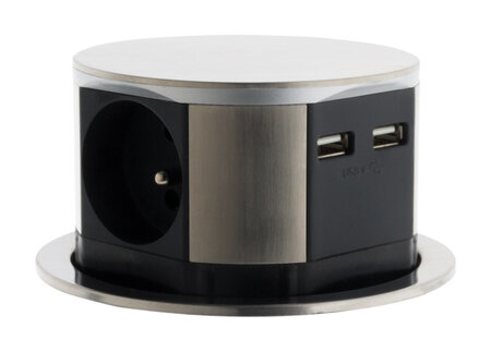 Bloc multiprise encastrable compact 3 prises 16A 2P+T & 2x USB - Finition Inox - Otio