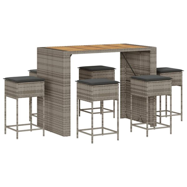 vidaXL Ensemble de bar de jardin 7 Pièces avec coussins gris poly rotin