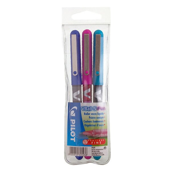 V-Ball 05, stylo roller, pointe fine de 0,5 mm, couleurs de corps assorties, couleurs d'encre assorties : Bleu, rose et violet
