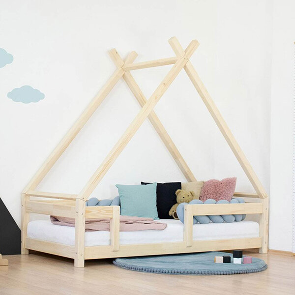 Lit Tipi enfant avec barrière bois massif naturel 90 x 190 cm