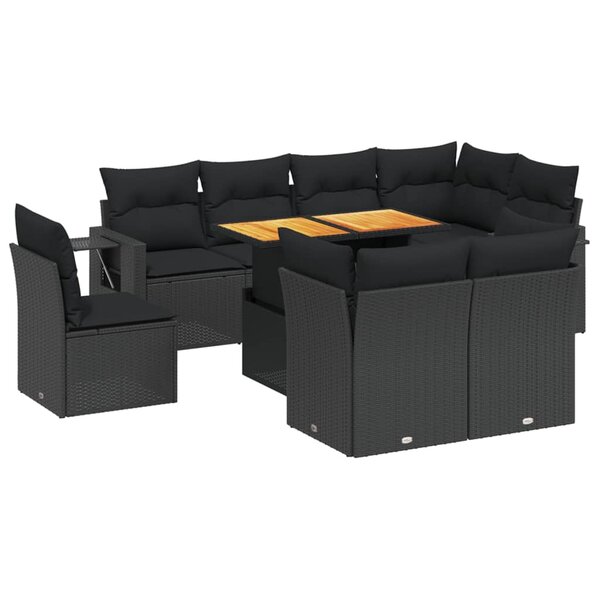 vidaXL Salon de jardin 9 Pièces avec coussins noir résine tressée