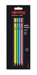 Rotring  set de 4 crayons en bois neon hb : vert  bleu  jaune et rose