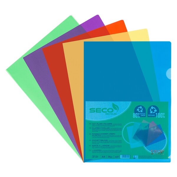 Chemise coin plastique seco a4 polypropylène 12/100e biodégradable couleurs assorties - paquet de 25