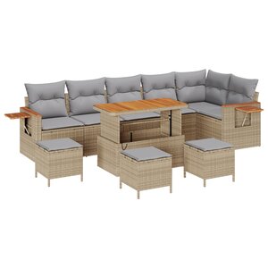vidaXL Canapé de Jardin 10 Pièces avec Coussins Cadre en Poly Rotin Beige Acacia