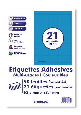 50 planches a4- 21 étiquettes 63,5 mm x 38,1 mm autocollantes bleu par planche pour tous types imprimantes - jet d'encre/laser/photocopieuse