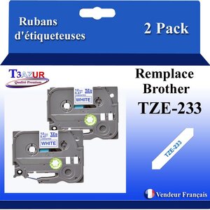 2x Rubans d'étiqueteuses compatibles avec Brother Tze233  Tze-233 pour étiqueteuses P-touch - Texte bleu sur fond blanc - Largeur 12 mm x 8 mètres - T3AZUR