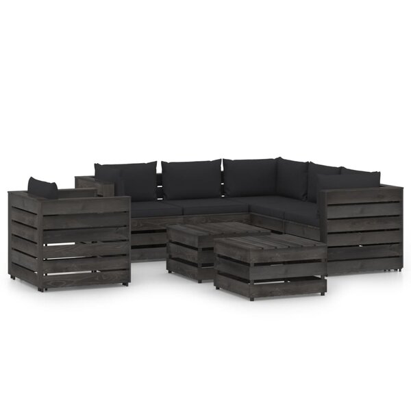 vidaXL Salon de jardin 8 Pièces avec coussins Bois imprégné de gris