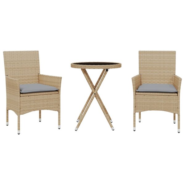 vidaXL Ensemble de bistro avec coussins 3 Pièces beige rotin et verre