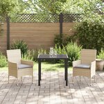 Ensemble de salle à manger de jardin vidaXL 3 pièces avec coussins Beige Poly Rattan