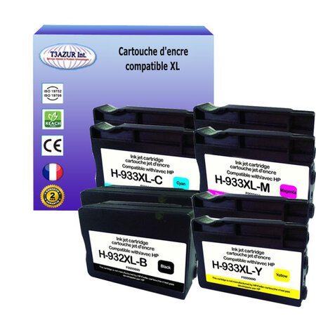 8 Cartouches compatibles avec HP OfficeJet 6100 ePrinter H611a, 6600 remplace HP 932XL, HP 933XL  (Noire+Couleur)- T3AZUR