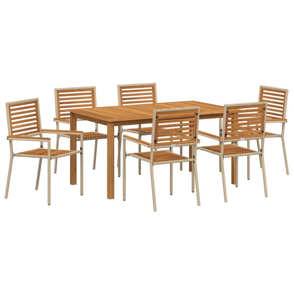 Ensemble de salle à manger de jardin vidaXL 7 pièces Beige Poly Rattan Acacia