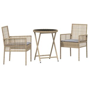 Ensemble Bistro de Jardin 3 Pièces avec Coussins Beige en Poly Rattan