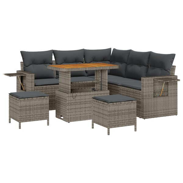 Ensemble de canapé de jardin 8 pièces avec coussins gris en poly rotin acacia