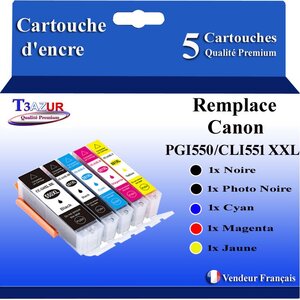 T3AZUR - 5x Cartouches compatibles avec Canon Canon PGI-550 CLI-551 XL pour Canon Pixma iP7250 MG5650 MX925 iX6850 MG5550 MG5450 MG6650 MX920 MG5400 MG6450 MG7500 MX725