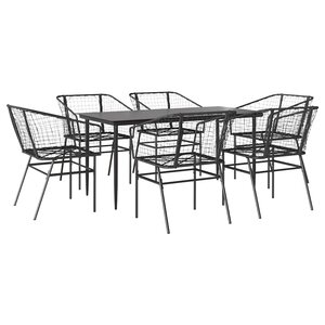 vidaXL Ensemble à manger de jardin 7Pièces noir poly rotin verre