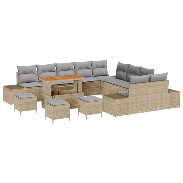 Ensemble de Canapé de Jardin de 14 pièces avec Coussins Beige Poly Rotin Acacia