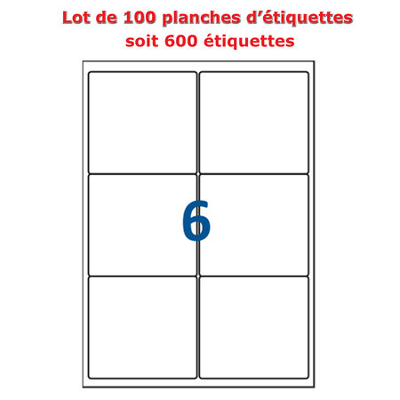 Lot de 100 Planches étiquettes autocollantes blanches sur feuille A4 : 99 x 93 1 mm (6 étiquettes)