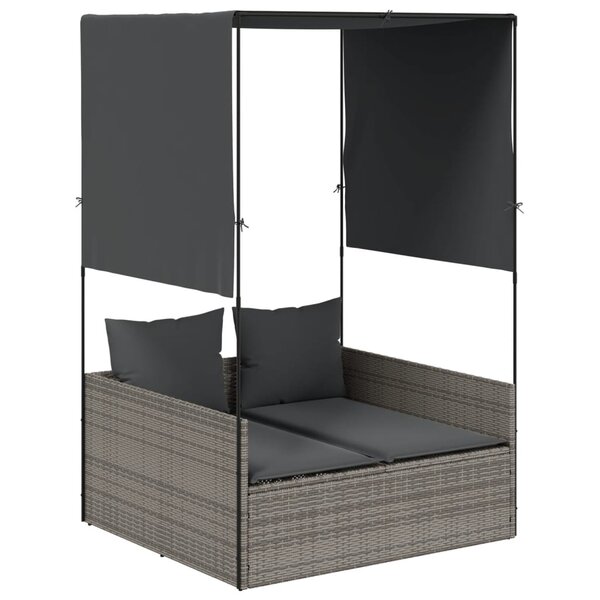 vidaXL Chaise longue double avec toit et rideaux gris résine tressée