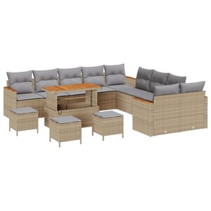 Ensemble de canapé de jardin 14 pièces avec coussins Beige Poly Rattan Acacia